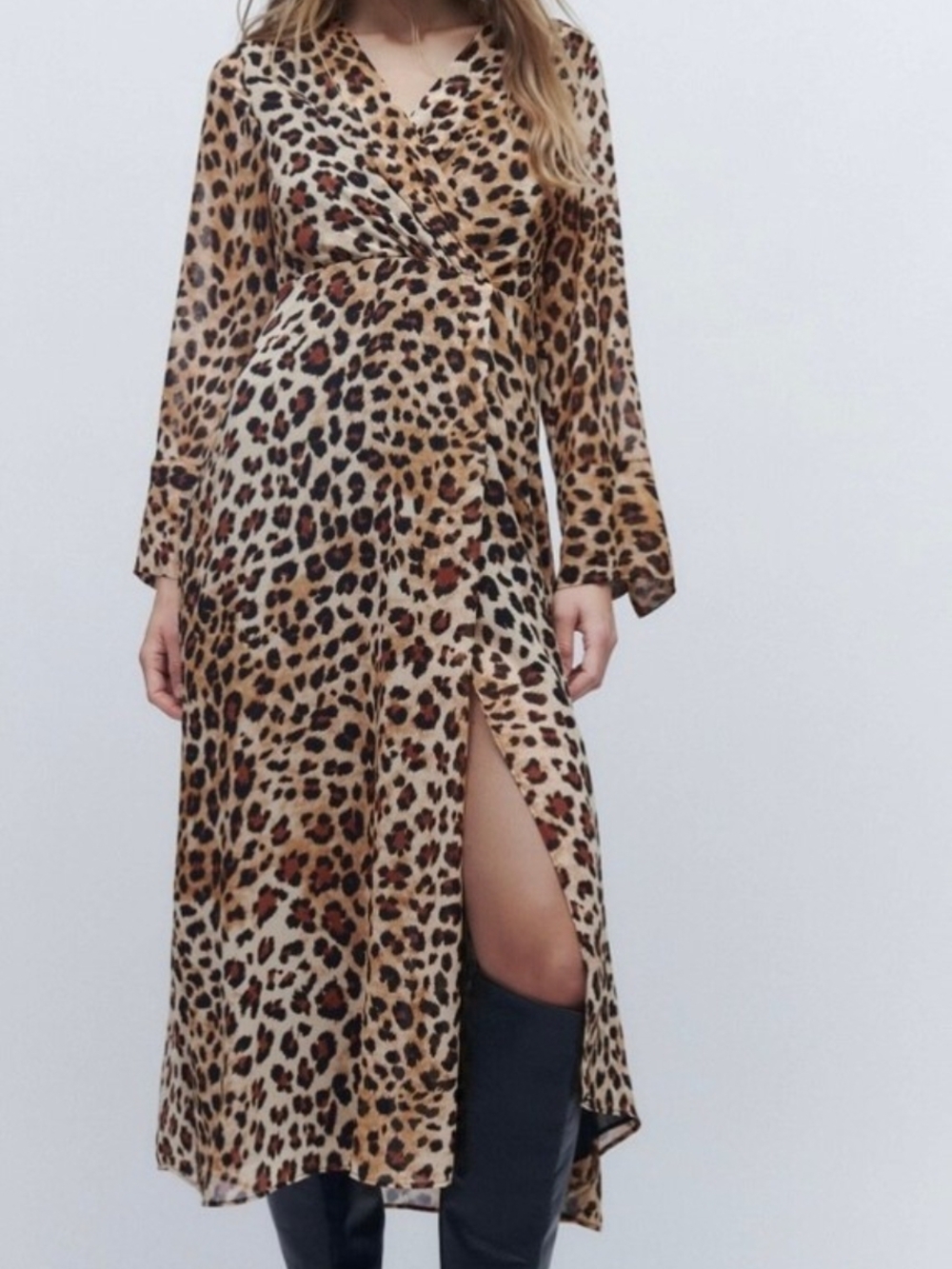 Zara Leopard Print Wrap Midi Dress - Tan, Brown, Black